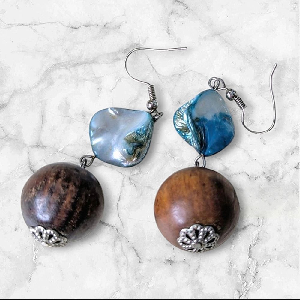 Vintage Mized Media Turquoise Abalone And Brown Wooden Bead Drops